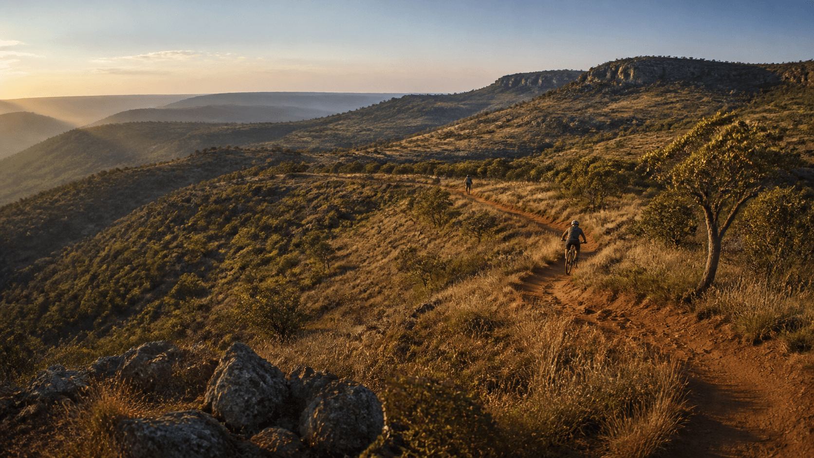 Trilha de terra vermelha atravessando a paisagem do Cerrado no Planalto Central